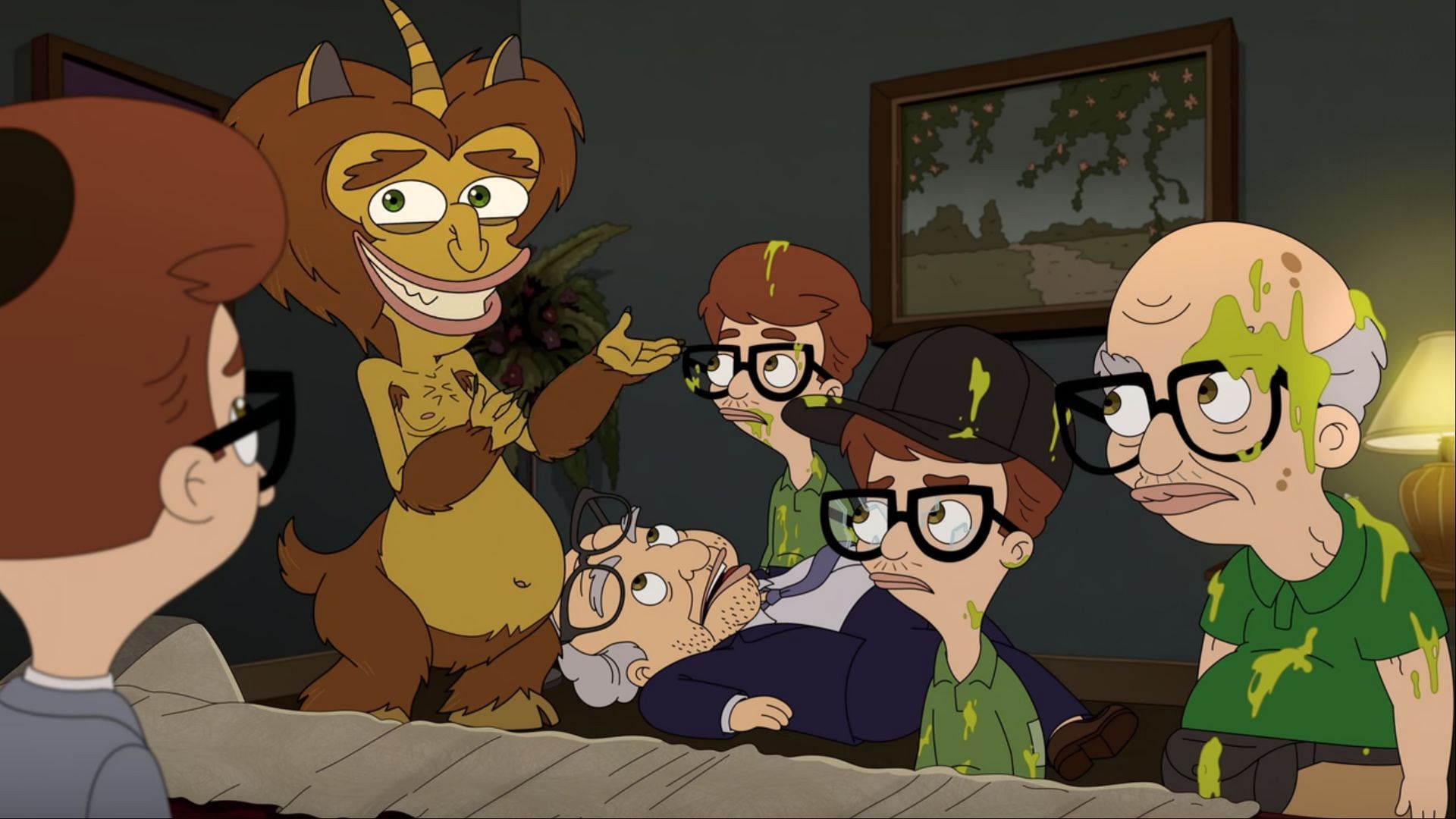 The hormone monster addresses a stunned group of Andrews from different times in a chaotic and slime-filled room. (Image via Netflix)